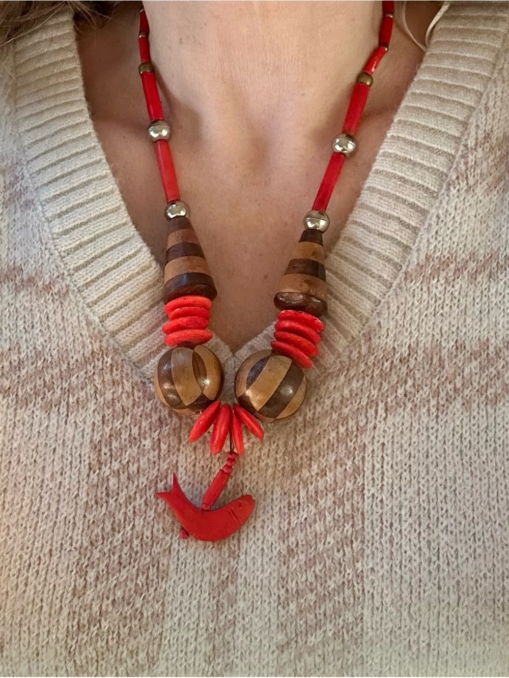 Vintage 70s Wood Fish Necklace | Red Boho Statement